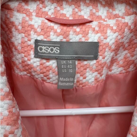 ASOS size 10 Pink and White Dogstooth Houndstooth Long Suit Blazer Jacket - Picture 2 of 12